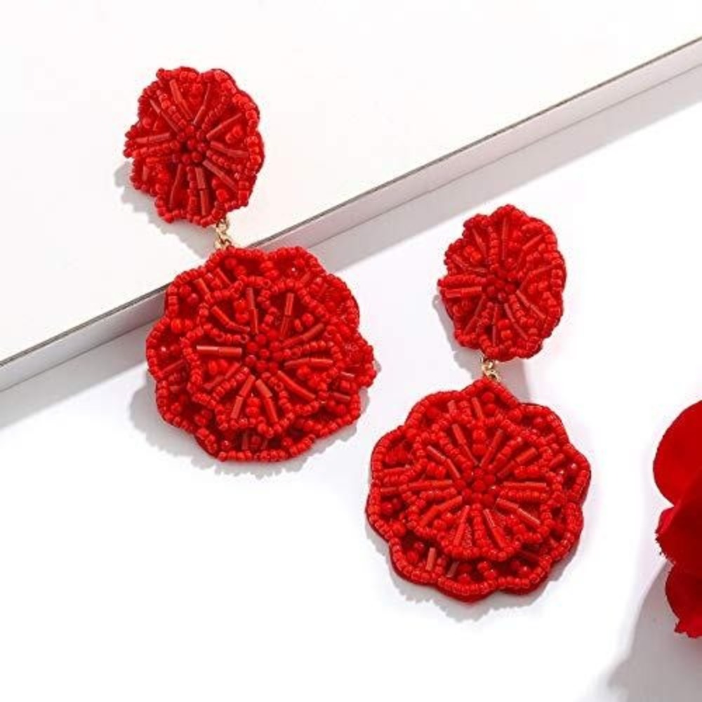 Red Beaded Floral Drop Earrings‎ Statement Flower Seed Bead Boho Jewelry